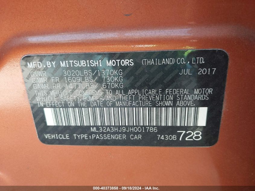 ML32A3HJ9JH001786 2018 Mitsubishi Mirage Es