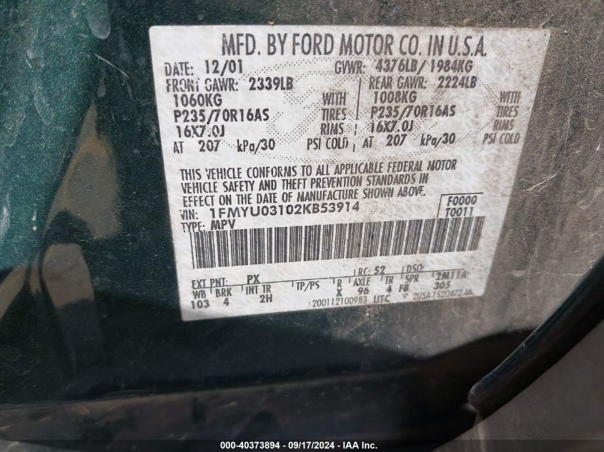 1FMYU03102KB53914 2002 Ford Escape Xlt