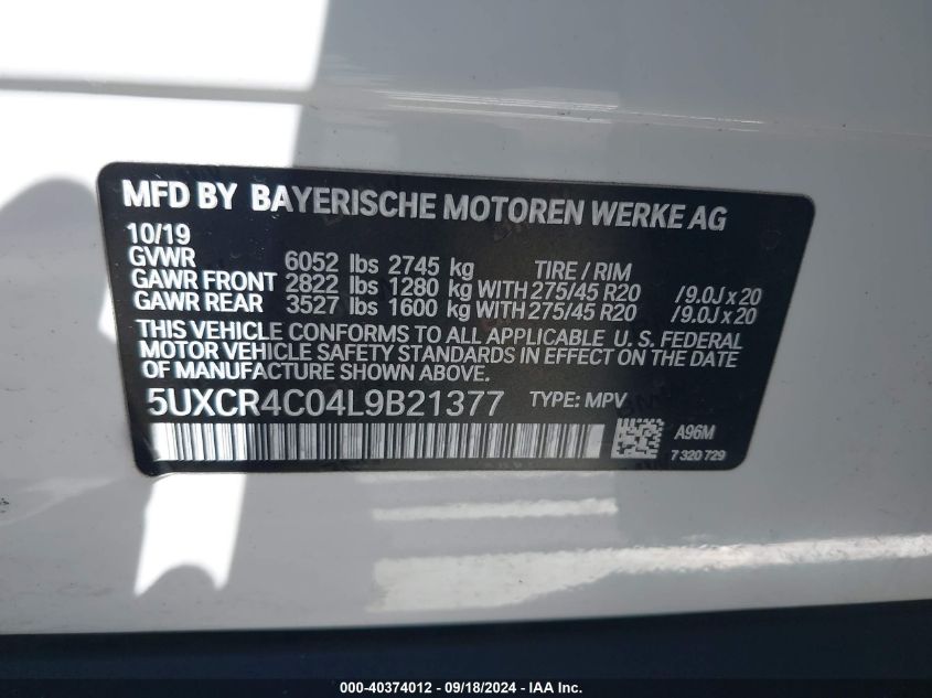 2020 BMW X5 Sdrive40I VIN: 5UXCR4C04L9B21377 Lot: 40374012