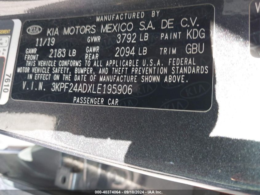 2020 Kia Forte Lxs VIN: 3KPF24ADXLE195906 Lot: 40374064