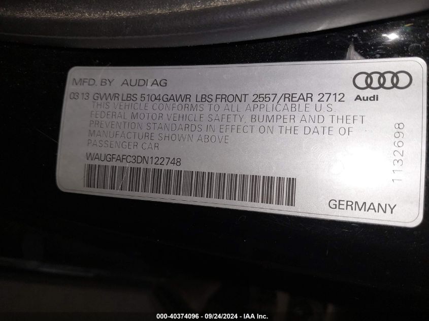 2013 Audi A6 2.0T Premium VIN: WAUGFAFC3DN122748 Lot: 40374096