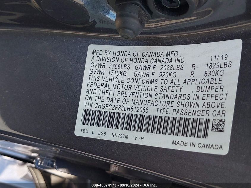 2HGFC2F83LH512086 2020 Honda Civic Sport