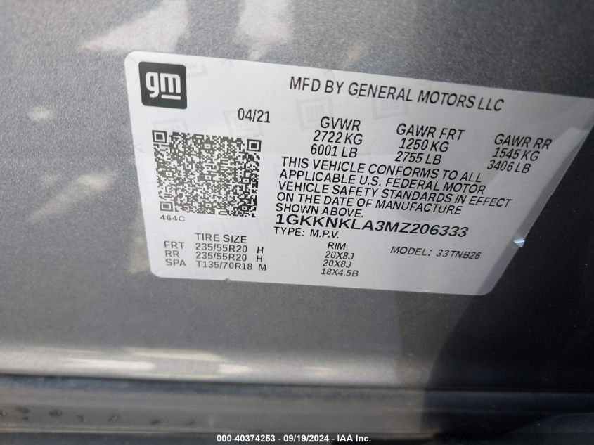 1GKKNKLA3MZ206333 2021 GMC Acadia Fwd Sle