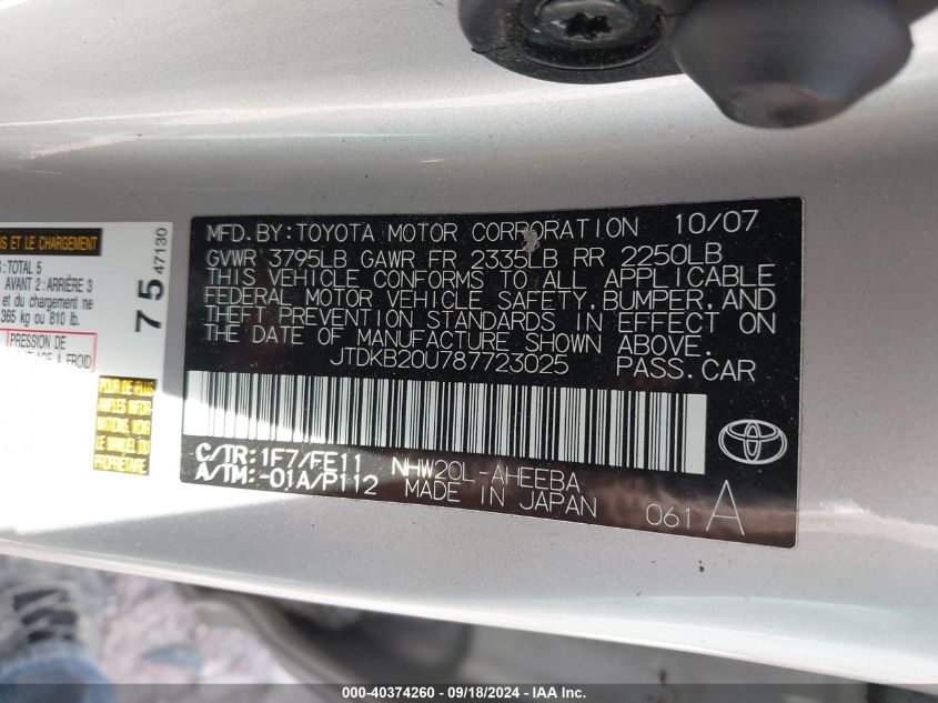 2008 Toyota Prius VIN: JTDKB20U787723025 Lot: 40374260