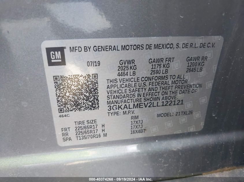 2020 GMC Terrain Fwd Sle VIN: 3GKALMEV2LL122121 Lot: 40374268