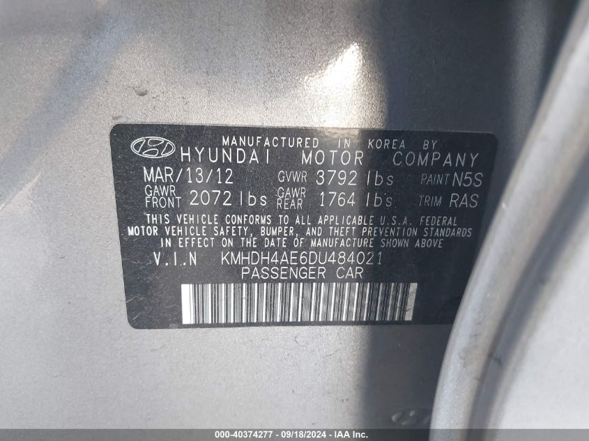 KMHDH4AE6DU484021 2013 Hyundai Elantra Gls/Limited