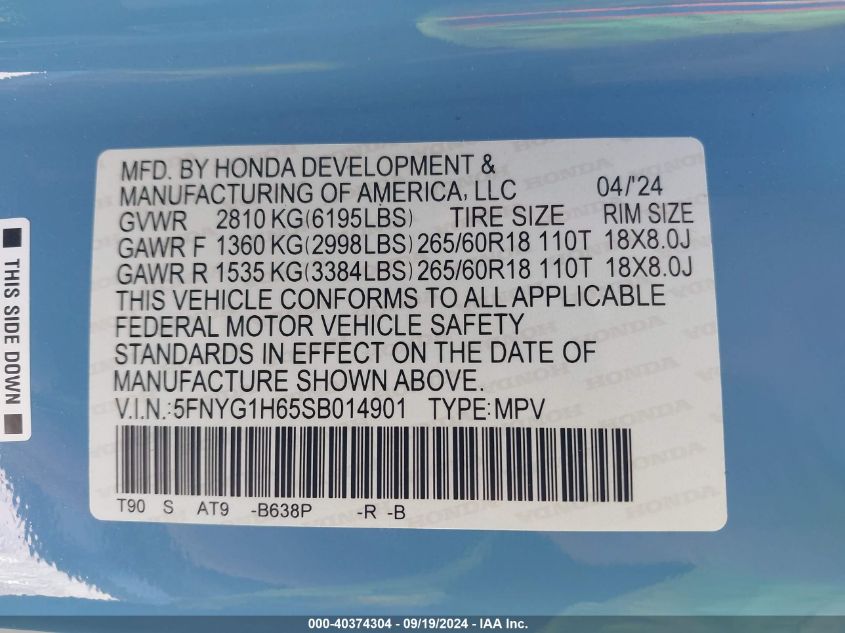 2025 Honda Pilot Trailsport VIN: 5FNYG1H65SB014901 Lot: 40374304