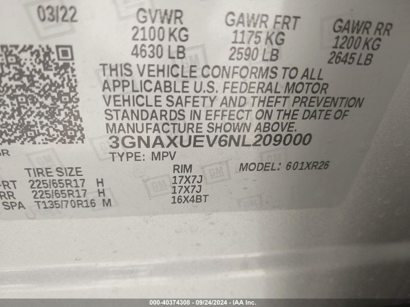 3GNAXUEV6NL209000 2022 Chevrolet Equinox Lt