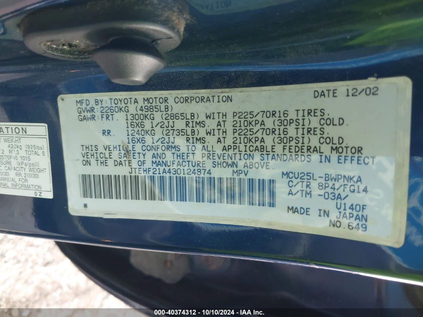 JTEHF21A430124874 2003 Toyota Highlander V6