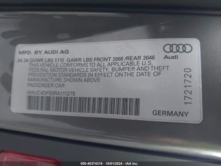 WAUC4DF50RA111275 2024 Audi S5 Premium Plus