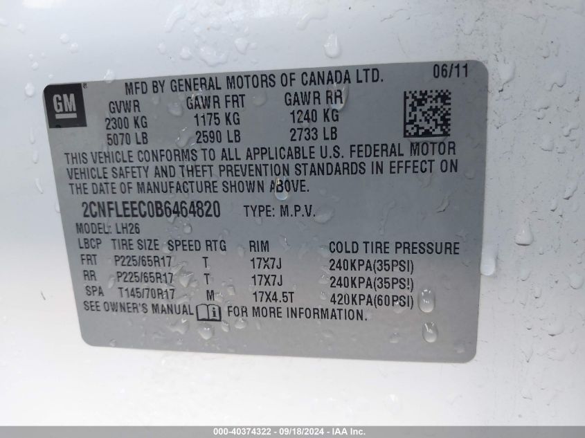 2011 Chevrolet Equinox Lt VIN: 2CNFLEEC0B6464820 Lot: 40374322