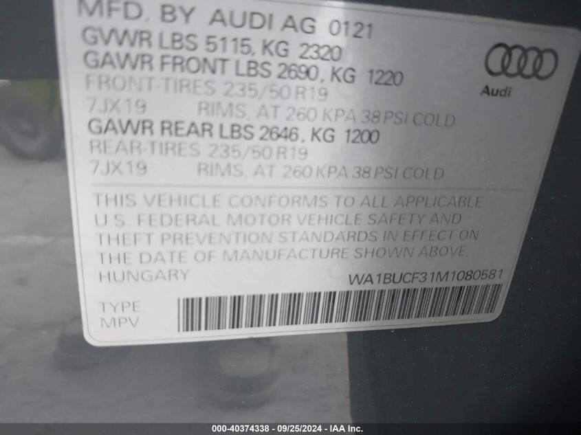 WA1BUCF31M1080581 2021 Audi Q3 Premium Plus 40 Tfsi Quattro Tiptronic