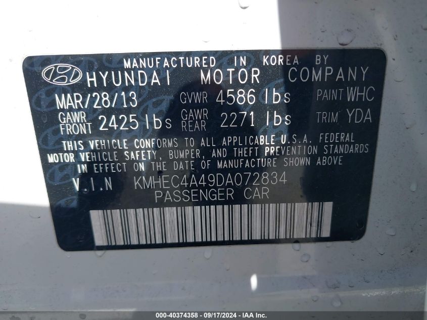 2013 Hyundai Sonata Hybrid Limited VIN: KMHEC4A49DA072834 Lot: 40374358