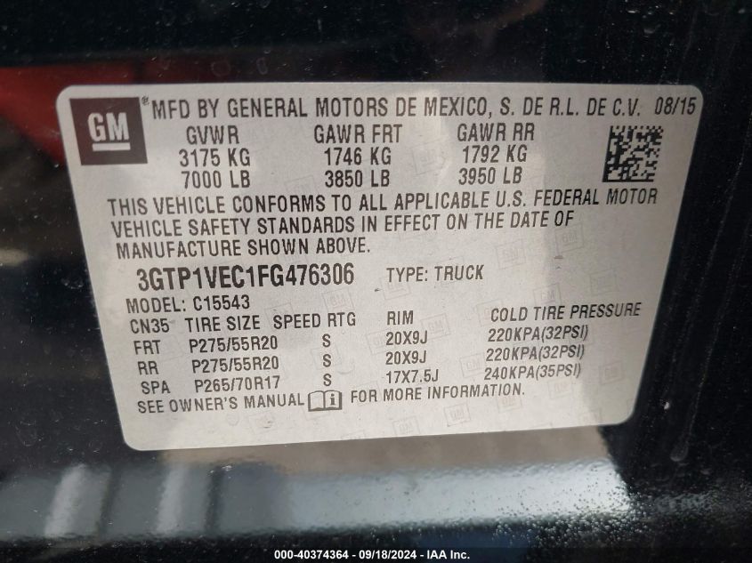 3GTP1VEC1FG476306 2015 GMC Sierra 1500 Slt