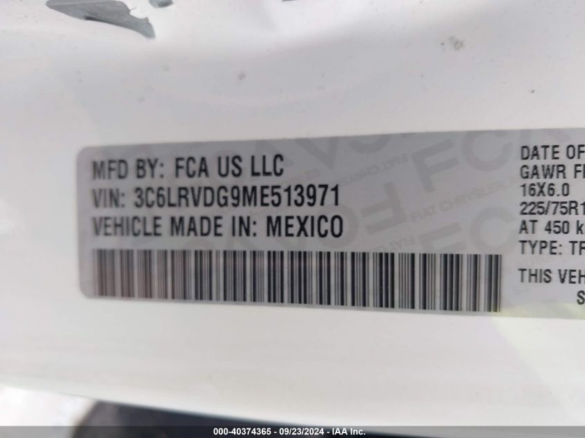 2021 Ram Promaster 2500 2500 High VIN: 3C6LRVDG9ME513971 Lot: 40374365