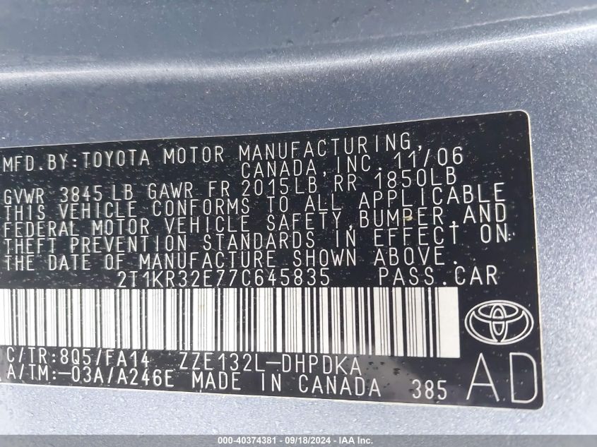 2T1KR32E77C645835 2007 Toyota Matrix