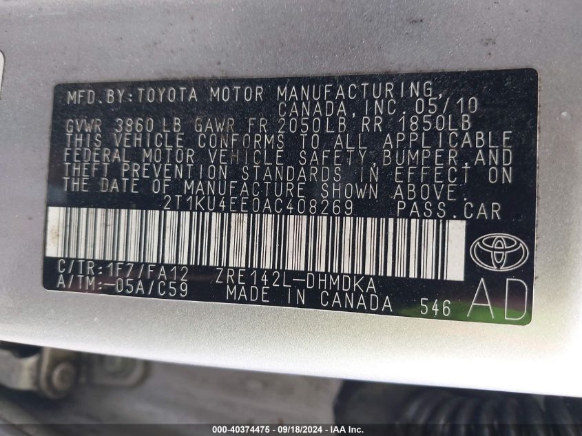 2T1KU4EE0AC408269 2010 Toyota Matrix