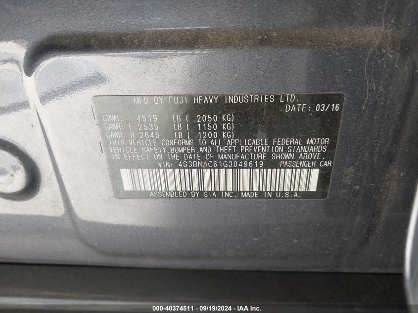 4S3BNAC61G3049619 2016 Subaru Legacy 2.5I Premium