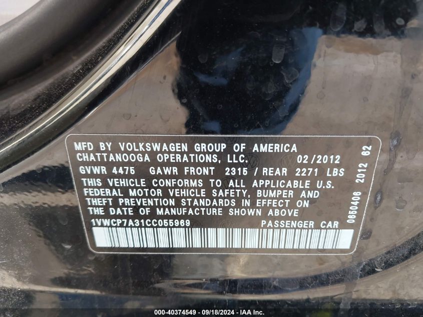 1VWCP7A31CC055969 2012 Volkswagen Passat Sel