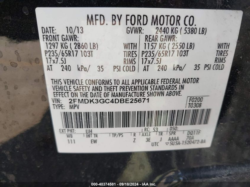 2013 Ford Edge Se VIN: 2FMDK3GC4DBE25671 Lot: 40374581