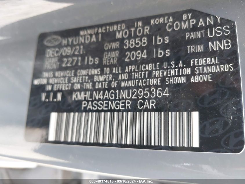 2022 Hyundai Elantra Sel VIN: KMHLN4AG1NU295364 Lot: 40374616