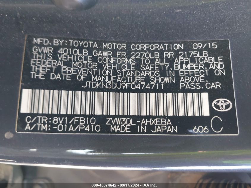 2015 Toyota Prius Two VIN: JTDKN3DU9F0474711 Lot: 40374642