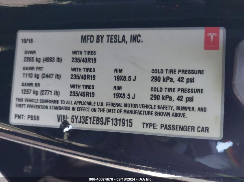 2018 Tesla Model 3 Long Range/Performance VIN: 5YJ3E1EB9JF131915 Lot: 40374678