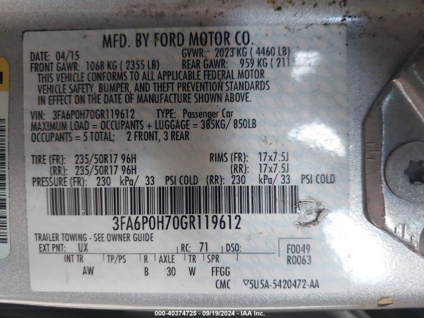 3FA6P0H70GR119612 2016 Ford Fusion Se