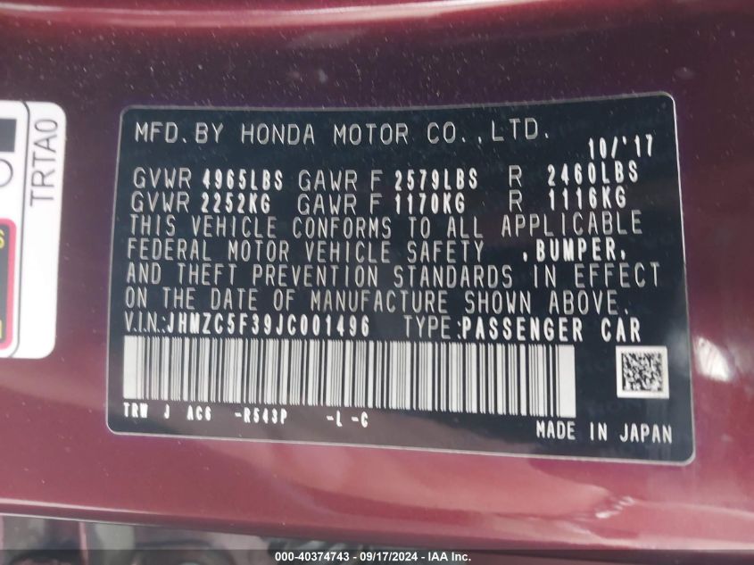 2018 Honda Clarity Plug-In Hybrid Touring VIN: JHMZC5F39JC001496 Lot: 40374743