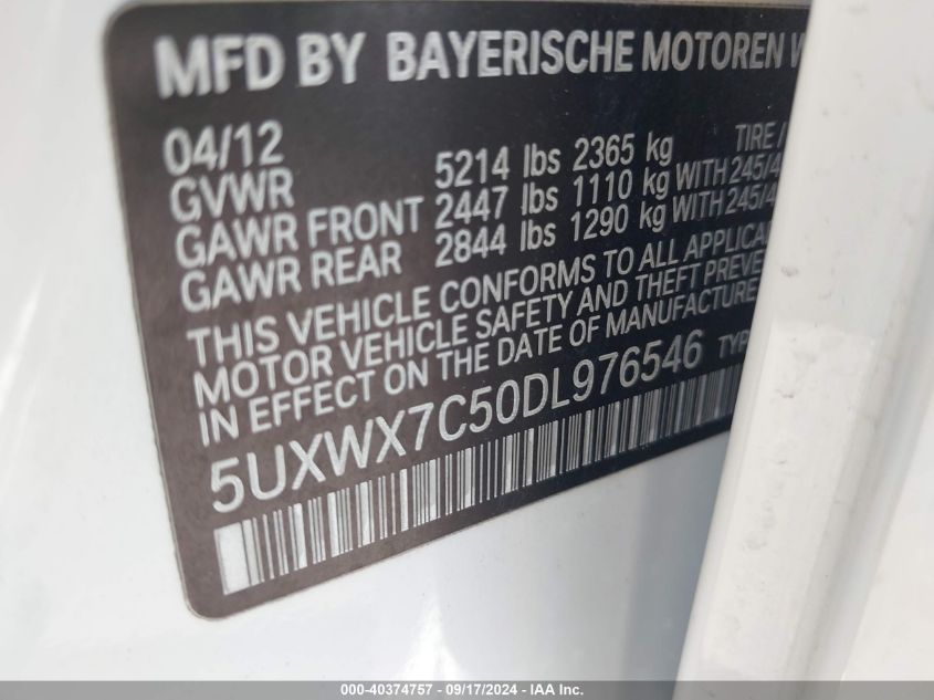 2013 BMW X3 xDrive35I VIN: 5UXWX7C50DL976546 Lot: 40374757