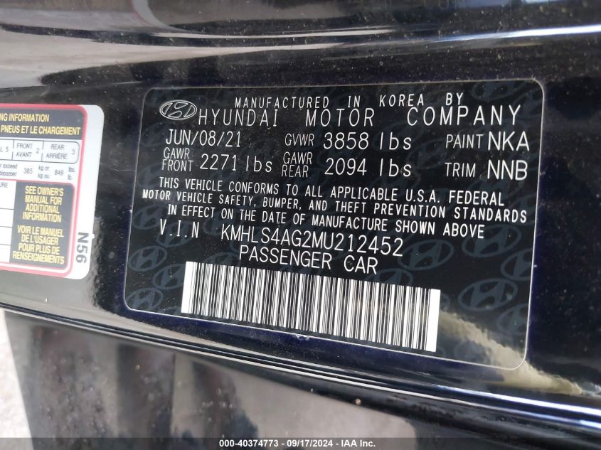 2021 Hyundai Elantra Sel VIN: KMHLS4AG2MU212452 Lot: 40374773