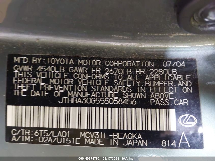 JTHBA30G555058456 2005 Lexus Es 330