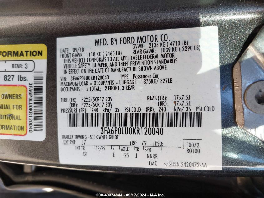 2019 Ford Fusion Hybrid Se VIN: 3FA6P0LU0KR120040 Lot: 40374844