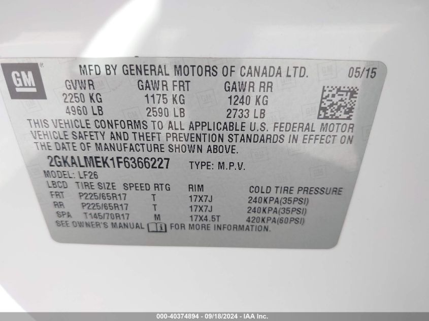 2015 GMC Terrain Sle-1 VIN: 2GKALMEK1F6366227 Lot: 40374894