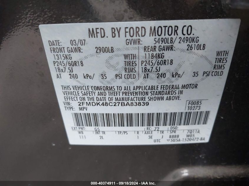 2007 Ford Edge Sel VIN: 2FMDK48C27BA83839 Lot: 40374911