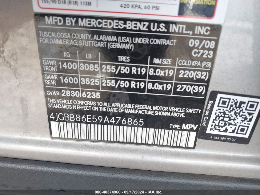 4JGBB86E59A476865 2009 Mercedes-Benz Ml 350 4Matic