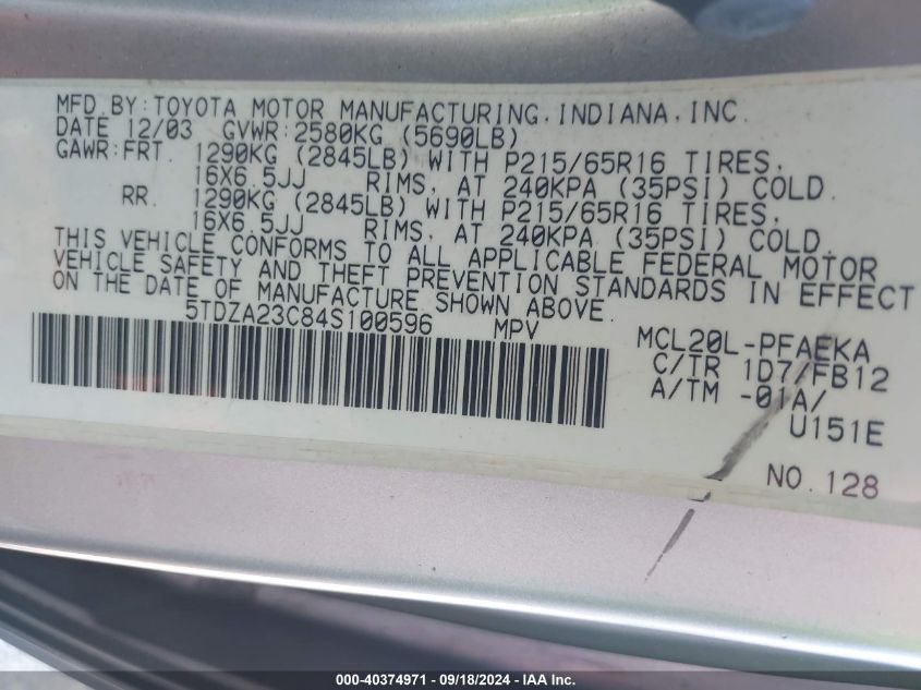 5TDZA23C84S100596 2004 Toyota Sienna Le