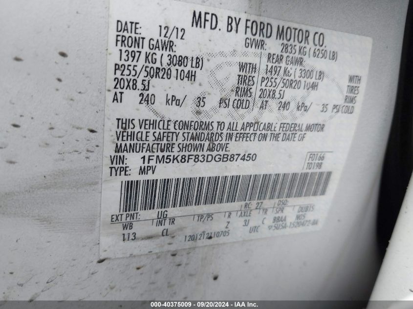 1FM5K8F83DGB87450 2013 Ford Explorer Limited