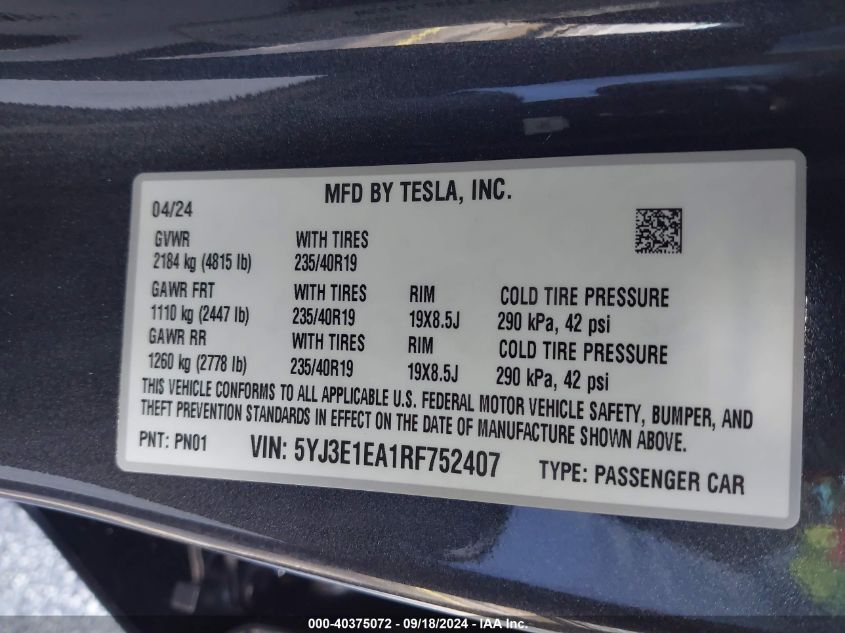 2024 Tesla Model 3 VIN: 5YJ3E1EA1RF752407 Lot: 40375072