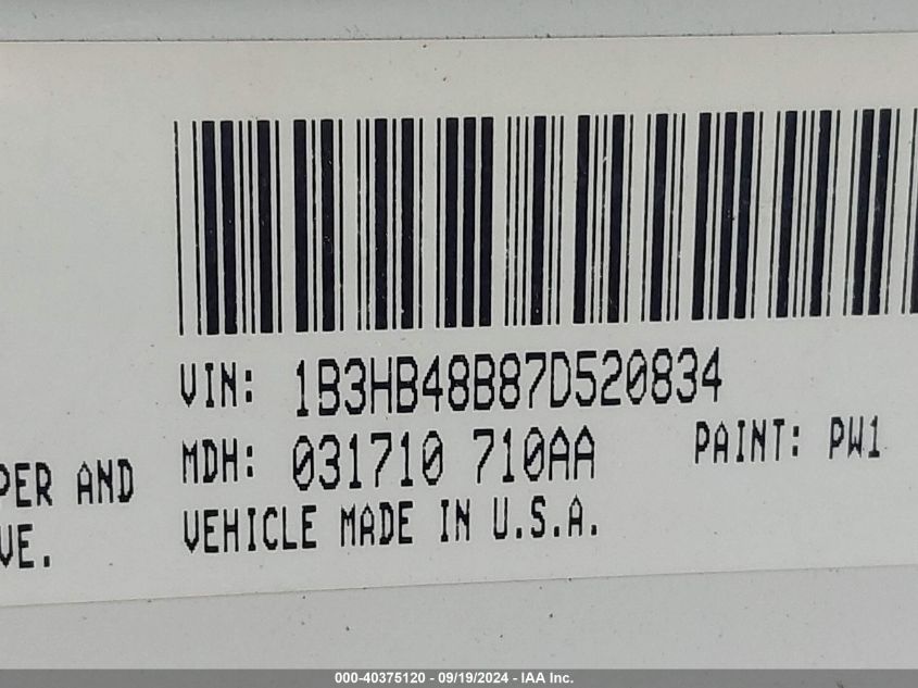 2007 Dodge Caliber Sxt VIN: 1B3HB48B87D520834 Lot: 40375120