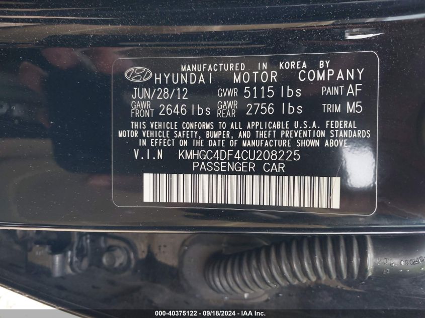 KMHGC4DF4CU208225 2012 Hyundai Genesis 4.6