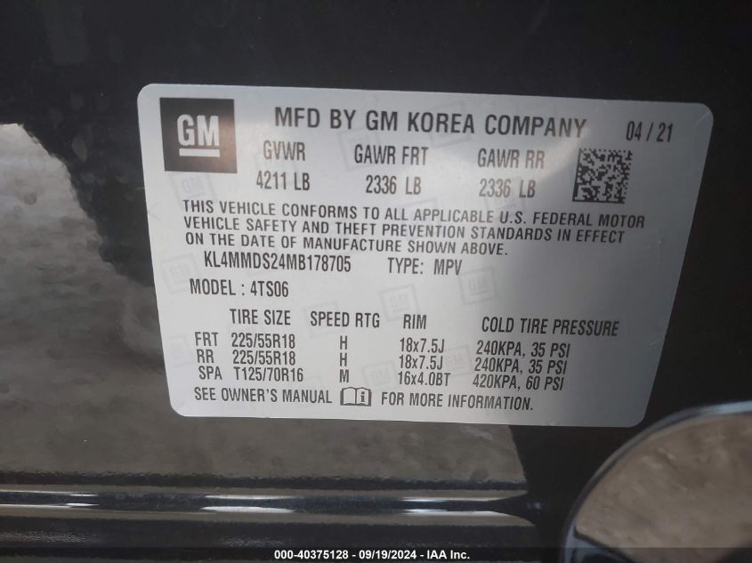 2021 Buick Encore Gx Fwd Select VIN: KL4MMDS24MB178705 Lot: 40375128