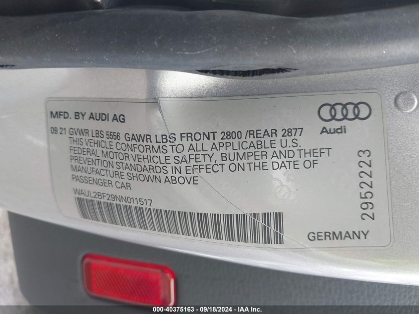 2022 Audi A6 Premium Plus VIN: WAUL2BF29NN011517 Lot: 40375163