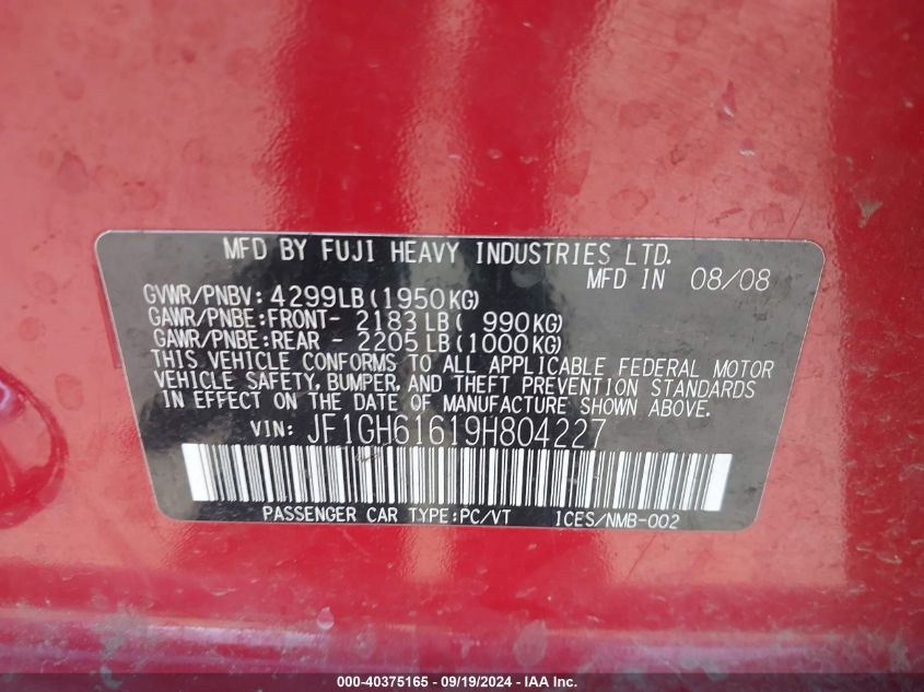 JF1GH61619H804227 2009 Subaru Impreza 2.5I