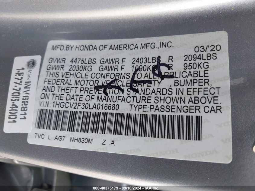 1HGCV2F30LA016680 2020 Honda Accord Sport 2.0T