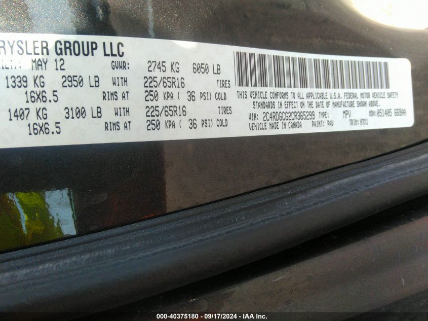 2012 Dodge Grand Caravan Sxt VIN: 2C4RDGCG2CR365299 Lot: 40375180