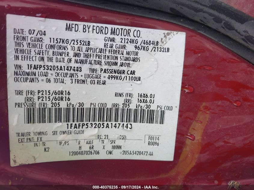 1FAFP53205A147443 2005 Ford Taurus Se