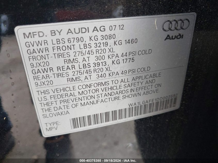 WA1LGAFE1DD002592 2013 Audi Q7 3.0T Premium