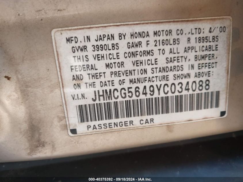 JHMCG5649YC034088 2000 Honda Accord 2.3 Lx