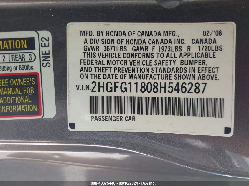 2HGFG11808H546287 2008 Honda Civic Ex